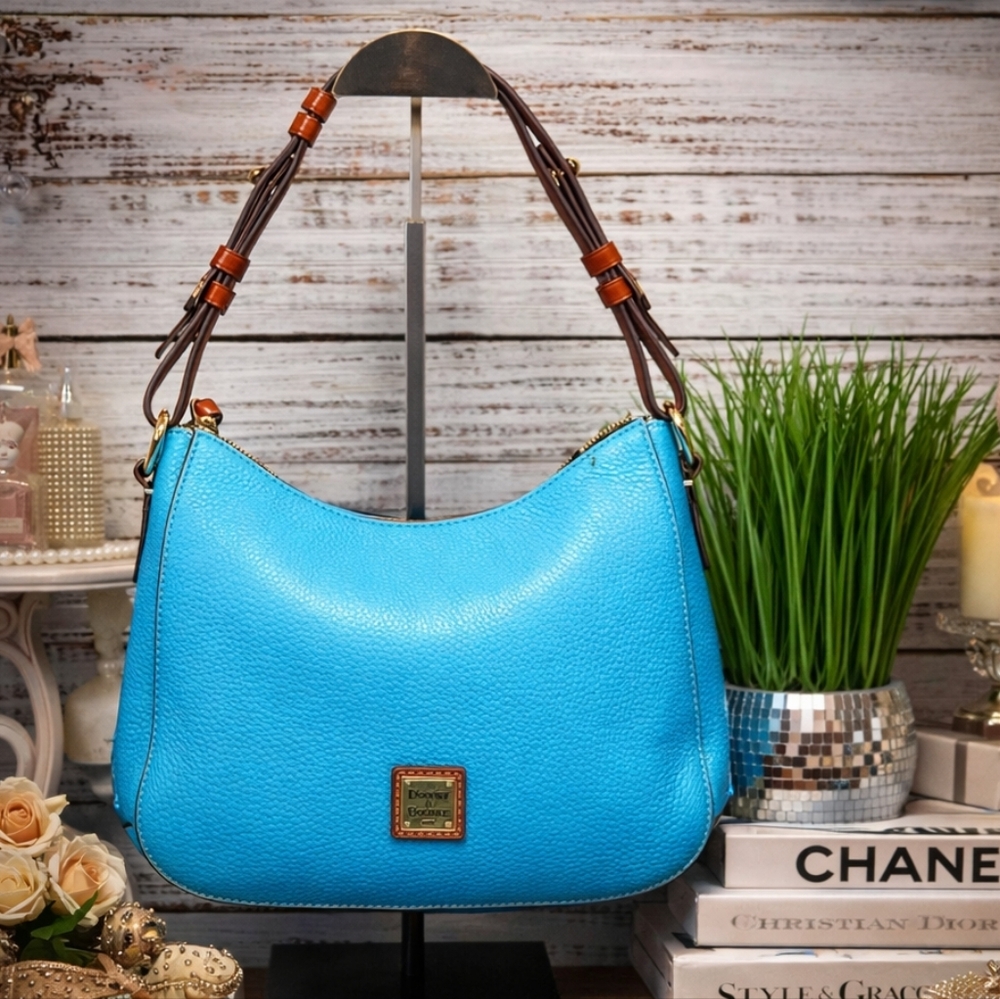 Dooney & Bourke Kiley Aqua Blue Brown Hobo Shoulder Bag Pebble leather Purse guc